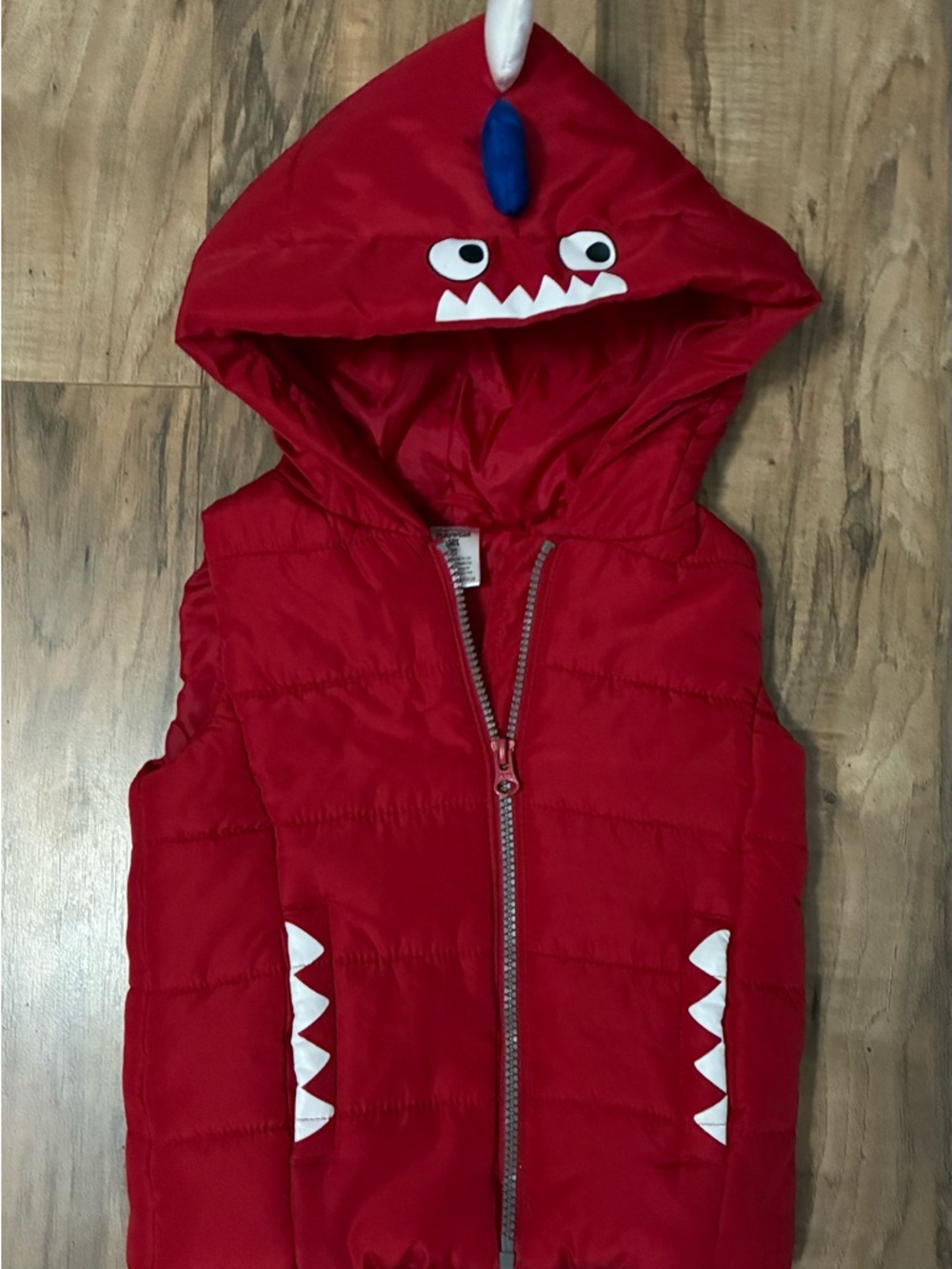 Red Kids' Dino Hooded Puffer Vest with Tooth Detail